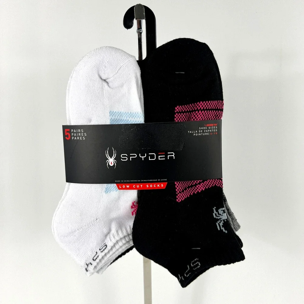 New Spyder Women Visible Tech Half Cushion Low-Cut Socks 5 Pair Black White Gray